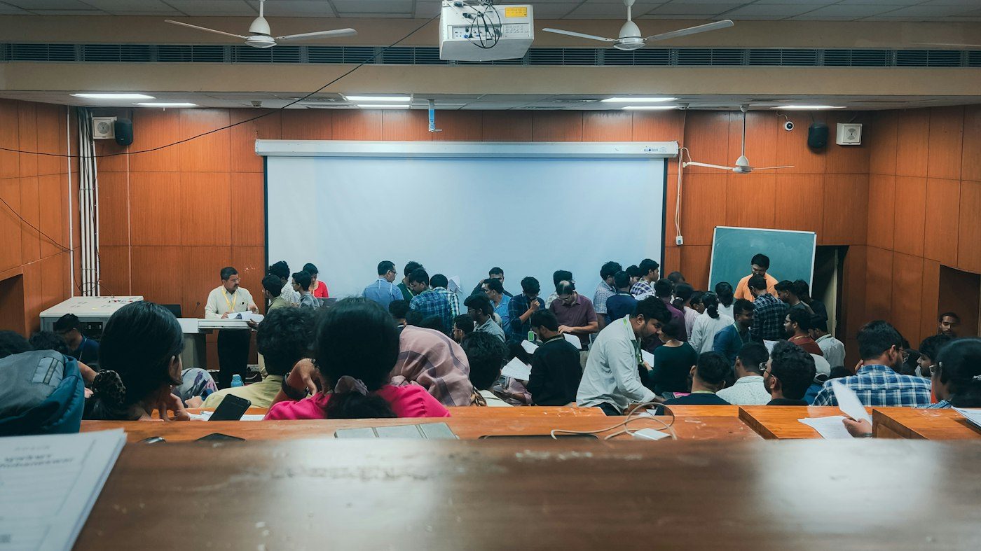 A full lecture hall during a training session